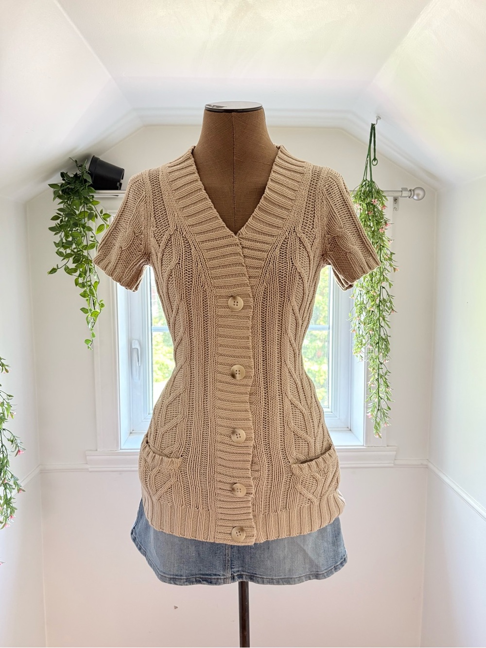 Esprit Cream Cable Knit Short-Sleeve Cardigan